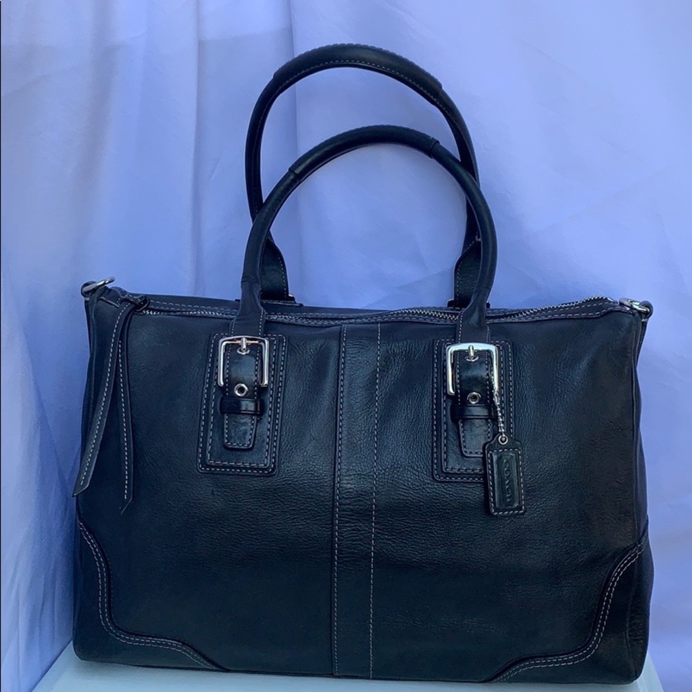COACH stamped satchel black leather shoulder bag.